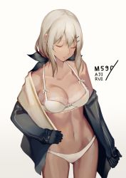 Rule 34 | 1girl, absurdres, ajirui, artist name, bare legs, black gloves, black jacket, bow, bow bra, bra, breasts, character name, cleavage, closed eyes, closed mouth, unworn clothes, collarbone, cropped jacket, crossed bangs, dark-skinned female, dark skin, expressionless, girls&#039; frontline, gloves, gluteal fold, gradient background, hair between eyes, hair ornament, hairclip, highres, holding, holding clothes, jacket, lace, lace-trimmed bra, lace trim, large breasts, lingerie, long hair, low-tied long hair, m590 (girls&#039; frontline), navel, off shoulder, panties, shirt, sidelocks, silver hair, simple background, solo, stomach, thighs, underwear, undressing, white panties, white shirt