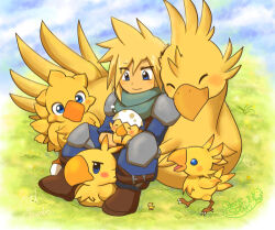 Rule 34 | 1boy, bird, blonde hair, blue eyes, blue pants, brown footwear, chick, chocobo, closed mouth, cloud strife, final fantasy, green scarf, lowres, male focus, outdoors, pants, scarf, short hair, shuri (syurigame), signature, sitting, smile, talons