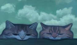Rule 34 | animal, animal focus, cat, closed eyes, closed mouth, cloud, cloudy sky, commentary, day, english commentary, green sky, highres, karin hosono, no humans, orange cat, original, outdoors, painting (medium), portrait, realistic, sky, traditional media