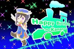 Rule 34 | 1girl, alternate hairstyle, artist name, artist request, black footwear, blue dress, blue hair, blue hat, blush, boots, chibi, conductor, cross-laced footwear, dress, earrings, epaulettes, feathers, female focus, full body, gloves, hair between eyes, hair bun, happy party train, hat, hat feather, holding, holding whistle, jewelry, leg up, long hair, looking at viewer, love live!, love live! school idol festival, love live! sunshine!!, matsuura kanan, neckerchief, one eye closed, parted lips, pointing, pointing up, purple eyes, purple hair, red neckerchief, red skirt, short hair, short sleeves, sidelocks, single hair bun, skirt, smile, solo, standing, standing on one leg, two side up, whistle, white feathers, white gloves, white skirt, zyagazyaga117
