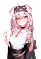 Rule 34 | 1girl, absurdres, ahoge, animal ears, arknights, belt, beudelb, black choker, black hairband, black jacket, breasts, cat ears, choker, commentary request, goldenglow (arknights), hair between eyes, hairband, hands up, highres, jacket, korean commentary, long hair, looking at viewer, off shoulder, pink belt, pink hair, shirt, simple background, small breasts, solo, upper body, v, white background, white shirt, yellow eyes