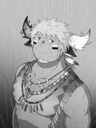 Rule 34 | 1boy, absurdres, animal ears, asymmetrical horns, bara, bare shoulders, chest hair, cow boy, cow ears, cow horns, eye black, facial hair, fiery horns, forked eyebrows, gin no hikari, goatee, greyscale, highres, horns, jewelry, large pectorals, long sideburns, looking at viewer, male focus, mismatched horns, monochrome, muscular, muscular male, native american, necklace, pectoral cleavage, pectorals, rain, sad, short hair, sideburns, sleeveless, solo, thick eyebrows, tokyo houkago summoners, tooth necklace, wakan tanka, wakan tanka mugen