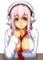 Rule 34 | 1girl, between breasts, blush, breasts, cleavage, deni m, headphones, large breasts, long hair, looking at viewer, necktie, nitroplus, open clothes, open mouth, pink hair, red eyes, smile, solo, super sonico
