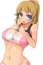 Rule 34 | 10s, 1girl, bare shoulders, bike shorts, blue eyes, breast suppress, breasts, brll, covered erect nipples, groin, gundam, gundam build fighters, gundam build fighters try, highres, hoshino fumina, impossible clothes, impossible shirt, large breasts, looking at viewer, navel, open mouth, shirt, simple background, smile, solo, sports bra, sweat, tank top, two-tone sports bra, white background