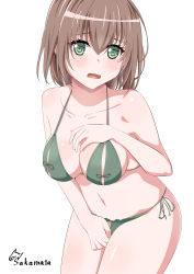 Rule 34 | 10s, 1girl, absurdres, artist name, bang dream!, between legs, blush, bra, breasts, brown hair, collarbone, crotchless, crotchless panties, green bra, green eyes, green panties, hand between legs, hand on own chest, highres, looking at viewer, medium breasts, navel, nippleless clothes, open mouth, panties, sakamata (sakamata4), short hair, side-tie panties, simple background, sitting, solo, underwear, white background, yamato maya
