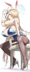 Rule 34 | 1girl, animal ears, asuna (blue archive), asuna (bunny) (blue archive), blonde hair, blue archive, blue eyes, blue leotard, blue ribbon, breasts, brown pantyhose, chair, cleavage, fake animal ears, fake tail, gloves, hair over one eye, hair ribbon, halo, highres, large breasts, leotard, long hair, mole, mole on breast, nonco, official alternate costume, on chair, pantyhose, playboy bunny, rabbit ears, rabbit tail, ribbon, shoes, simple background, sitting, smile, solo, tail, v, white background, white footwear, white gloves