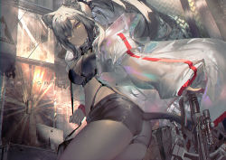 Rule 34 | 1girl, acguy (artist), animal ears, arknights, ass, bag, bikini, bikini top only, black bikini, black shorts, bow (weapon), breasts, cat ears, cat tail, cleavage, closed mouth, commentary, computer, copyright name, cowboy shot, crossbow, duffel bag, hair between eyes, indoors, jacket, long hair, looking at viewer, medium breasts, midriff, monitor, open clothes, open jacket, ponytail, rhodes island logo (arknights), schwarz (arknights), see-through, short shorts, shorts, silver hair, solo, swimsuit, tail, thighs, twisted torso, unzipped, weapon, white jacket, yellow eyes, yoshimoto (dear life)