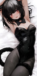 Rule 34 | 1girl, absurdres, animal ears, armpits, arms up, bare shoulders, bed sheet, between legs, black bow, black bowtie, black hair, black tail, bow, bowtie, breasts, cat ears, cat girl, cat tail, cleavage, commentary request, covered navel, detached collar, facial mark, final fantasy, final fantasy xiv, highres, kittysuit, large breasts, leotard, looking at viewer, lying, maho moco, medium hair, miqo&#039;te, mole, mole on arm, nontraditional playboy bunny, on back, pantyhose, playboy bunny, red eyes, slit pupils, solo, strapless, strapless leotard, tail, tail between legs, tongue, tongue out, warrior of light (ff14)