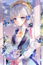 Rule 34 | 1girl, ayaka (genshin impact), blue butterfly, blue coat, blue eyes, blue flower, blue sky, blunt bangs, blurry, blurry background, blush, bouquet, braid, breasts, bug, bush, butterfly, butterfly hair ornament, cleavage, cloud, coat, collared coat, day, dress, falling petals, flower, genshin impact, gold trim, hair flower, hair ornament, hat, highres, holding, holding bouquet, insect, kamisato ayaka, kamisato ayaka (springbloom missive), light particles, long sleeves, looking at viewer, medium breasts, official alternate costume, open clothes, open coat, orange hat, outdoors, parted lips, petals, pink sky, pudding cream, rose, sidelocks, sky, solo, standing, tree, white dress, white flower, white hair, white rose