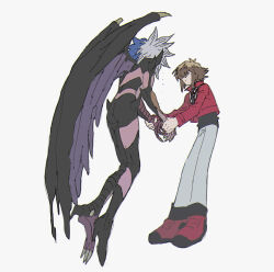 Rule 34 | 1boy, 1other, absurdres, black shirt, black skin, brown eyes, brown hair, buib (mekako chan), claws, colored skin, crying, demon wings, duel academy uniform (yu-gi-oh! gx), duel monster, from behind, hair over one eye, highres, holding hands, jacket, long sleeves, male focus, multicolored hair, open clothes, open jacket, pants, purple hair, purple skin, red jacket, shirt, short hair, smile, spiked hair, split-color hair, two-tone hair, white hair, wings, yu-gi-oh!, yu-gi-oh! gx, yubel, yuki judai