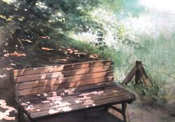 Rule 34 | bench, branch, grass, highres, no humans, original, painting (medium), scenery, shore, sunlight, tall grass, tire, tlctm7h8wdwnthx, traditional media, tree, tree shade, watercolor (medium), wooden bench