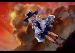Rule 34 | 1girl, blonde hair, boots, brown footwear, brown hat, cloud, commentary request, contrail, dutch angle, hair blowing, hair over eyes, hair ribbon, hat, high collar, highres, letterboxed, light rays, light smile, long sleeves, looking at viewer, medium hair, moriya suwako, outdoors, parted bangs, purple skirt, purple vest, red sky, ribbon, ribbon-trimmed sleeves, ribbon trim, shirt, sidelocks, skirt, skirt hold, sky, solo, standing, sunbeam, sunlight, sunset, touhou, vest, white shirt, wide sleeves, wind, yellow eyes, zhu xiang