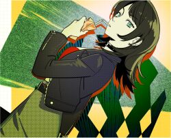 1girl abstract_background absurdres aguan bang_dream! bang_dream!_it&#039;s_mygo!!!!! black_choker black_hair black_jacket blue_eyes choker drinking_straw drinking_straw_in_mouth dutch_angle halftone highres holding jacket juice_box long_hair long_sleeves looking_at_viewer red_shirt shirt solo yahata_umiri zipper