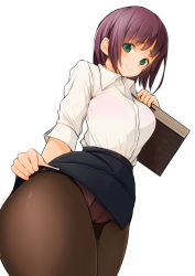 Rule 34 | .sin, 1girl, black skirt, blush, bra, bralines, breasts, brown pantyhose, cameltoe, closed mouth, clothes lift, collared shirt, commentary request, dress shirt, dutch angle, eyelashes, flashing, from below, furrowed brow, green eyes, high-waist skirt, highres, holding, large breasts, lifted by self, lips, long sleeves, looking at viewer, looking down, miniskirt, original, panties, panties under pantyhose, pantyhose, pencil skirt, purple bra, purple hair, purple panties, see-through, shirt, shirt tucked in, short hair, simple background, skirt, skirt lift, smile, solo, teacher, thick eyebrows, underwear, white background, white shirt, wide hips, wing collar