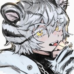 Rule 34 | 1other, androgynous, animal ears, colored eyelashes, eyelashes, fang, hand to own mouth, jacket, jewelry, looking at viewer, mole, mole under eye, multicolored hair, open mouth, original, portrait, ring, sahau228, short hair, solo, streaked hair, tiger, tiger ears, tiger stripes, tongue, turtleneck, white hair, white theme, white tiger, yellow eyes