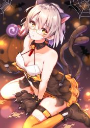 Rule 34 | 1girl, animal ears, animal hands, bare shoulders, bat (animal), between legs, blurry, blurry background, blush, boots, breasts, brown eyes, cat ears, cleavage, collarbone, earrings, eyes visible through hair, fake animal ears, food-themed earrings, food themed earrings, full body, girls&#039; frontline, gloves, hairband, halloween, hand between legs, highres, jack-o&#039;-lantern, jack-o&#039;-lantern earrings, jewelry, looking at viewer, medium breasts, multiple tails, official alternate costume, open mouth, orange thighhighs, paw gloves, pumpkin earrings, short hair, silk, silver hair, simple background, single thighhigh, sitting, skindentation, solo, spider web, tail, thigh strap, thighhighs, thighs, toki (toki ship8), two tails, vector (girls&#039; frontline), vector (kitty paws) (girls&#039; frontline), wariza, yellow eyes