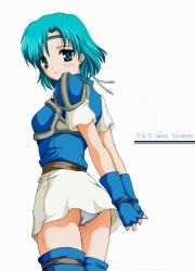Rule 34 | 1girl, 2000s (style), archived source, armor, arms behind back, ashita yaru, ass, blue armor, blue eyes, blue gloves, blue hair, blue shirt, blue thighhighs, closed mouth, commentary request, fire emblem, fire emblem: the binding blade, gloves, green headband, hair intakes, headband, interlocked fingers, legs together, light blue hair, light smile, looking at viewer, miniskirt, nintendo, panties, pantyshot, pegasus knight uniform (fire emblem), shirt, short hair, short sleeves, shoulder armor, simple background, skirt, solo, standing, thea (fire emblem), thighhighs, underwear, white background, white panties, white skirt