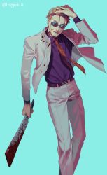 Rule 34 | 1boy, arm up, belt, black belt, blonde hair, blood, blood on face, bloody weapon, blouse, blue background, blue shirt, collared shirt, dress shirt, feet out of frame, formal, grey jacket, grey pants, grey suit, hand on own head, highres, holding, holding sword, holding weapon, jacket, jujutsu kaisen, long sleeves, looking at viewer, male focus, nanami kento, necktie, open mouth, pants, purple shirt, red necktie, regoziii, round eyewear, shirt, shirt tucked in, short hair, simple background, solo, standing, suit, sunglasses, sword, twitter username, weapon