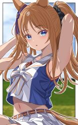 Rule 34 | 1girl, 96dai 0313, absurdres, adapted costume, alternate hairstyle, animal ears, armpits, arms up, belt, blue eyes, blurry, blurry background, blush, border, brown hair, collarbone, commentary request, cosplay, ear ornament, grass wonder (umamusume), highres, horse ears, horse girl, horse tail, long hair, looking at viewer, midriff, multicolored hair, navel, nice nature (run&amp;win) (umamusume), nice nature (umamusume), nice nature (umamusume) (cosplay), outdoors, parted lips, ponytail, presenting armpit, skirt, sleeveless, solo, streaked hair, tail, umamusume, white border, white hair, white skirt