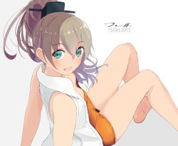 Rule 34 | 10s, 1girl, :d, bad id, bad pixiv id, black panties, blue eyes, breasts, brown hair, cleavage, downblouse, grey background, highres, kantai collection, knees up, kumano (kancolle), long hair, looking at viewer, looking back, multicolored hair, open clothes, open mouth, open shirt, panties, pantyshot, ponytail, purple hair, shirt, simple background, sitting, sleeveless, sleeveless shirt, small breasts, smile, solo, tebi (tbd11), two-tone hair, underwear, white shirt