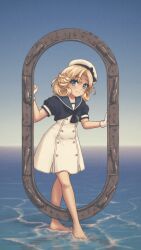 Rule 34 | 1girl, absurdres, barefoot, black neckerchief, blonde hair, blue eyes, blue sailor collar, blue sky, day, dress, full body, gloves, hat, highres, janus (kancolle), kantai collection, neckerchief, ocean, outdoors, parted bangs, puffy short sleeves, puffy sleeves, sailor collar, sailor dress, sailor hat, short sleeves, sky, smile, solo, vorisar, white dress, white gloves, white hat