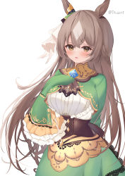 Rule 34 | 1girl, absurdres, animal ears, blush, breasts, brown eyes, brown hair, commentary request, green jacket, green skirt, grey hair, hair between eyes, half updo, hand up, highres, horse ears, jacket, lace, lace-trimmed skirt, lace trim, large breasts, long hair, long sleeves, looking at viewer, parted lips, roido (taniko-t-1218), satono diamond (umamusume), shirt, simple background, skirt, sleeves past wrists, smile, solo, twitter username, two-tone background, umamusume, very long hair, white background, white shirt, wide sleeves