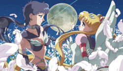 Rule 34 | 1990s (style), 2girls, anime coloring, bishoujo senshi sailor moon, bishoujo senshi sailor moon sailor stars, black hair, blonde hair, blue sailor collar, blurry, breasts, choker, couple, crescent, crescent facial mark, depth of field, earrings, eternal sailor moon, eye contact, facial mark, feathers, from side, full moon, hair ornament, hairclip, jewelry, kou seiya, kyakya, long hair, looking at another, low ponytail, magical girl, medium breasts, moon, multiple girls, night, night sky, official style, profile, retro artstyle, sailor collar, sailor moon, sailor star fighter, seiya kou, sky, smile, standing, star (sky), star (symbol), starry sky, tiara, tsukino usagi, twintails, wings, yuri