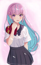Rule 34 | 1girl, absurdres, blush, box, box of chocolates, colored inner hair, commentary request, highres, hololive, long hair, looking at viewer, minato aqua, multicolored hair, open mouth, pink background, pink eyes, sailor collar, school uniform, shirt, simple background, skirt, solo, takeawatch, valentine, virtual youtuber