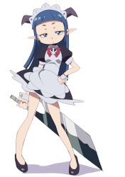 Rule 34 | 1girl, blue eyes, blue hair, earrings, hand on own hip, highres, horns, jewelry, long hair, looking at viewer, maid, maid headdress, matching hair/eyes, oimanji, pointy ears, shakki, simple background, sketch, solo, standing, sword, tanken driland, weapon, white background