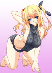 Rule 34 | 1girl, arm up, ass, backless dress, backless outfit, bare back, blonde hair, blue eyes, breasts, butt crack, character request, da capo, dress, kirisawa tokito, large breasts, long hair, meme attire, naked sweater, sideboob, sleeveless, sleeveless turtleneck, solo, sweater, sweater dress, turtleneck, turtleneck sweater, twintails, virgin killer sweater
