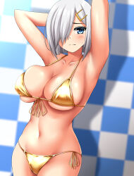 Rule 34 | 1girl, absurdres, armpits, arms behind head, bikini, blue eyes, breasts, checkered background, cleavage, commission, covered navel, cowboy shot, embarrassed, front-tie bikini top, front-tie top, gold bikini, grey hair, hair ornament, hair over one eye, hairclip, hamakaze (kancolle), highres, kantai collection, large breasts, pixiv commission, short hair, side-tie bikini bottom, sofmap background, solo, step and repeat, swimsuit, zanntetu
