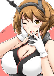 Rule 34 | 10s, 1girl, ;d, bare shoulders, blush, breasts, brown eyes, brown hair, cleavage, fuuma nagi, gloves, hairband, hand on own cheek, hand on own face, headgear, kantai collection, large breasts, looking at viewer, mutsu (kancolle), one eye closed, open mouth, short hair, smile, twitter username, upper body, white gloves