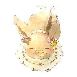 Rule 34 | :3, ^ ^, animal focus, blending, bloom, closed eyes, commentary request, creatures (company), eevee, flower, fluffy, from above, game freak, gen 1 pokemon, hair flower, hair ornament, holding, holding leaf, jewelry, leaf, leaf in mouth, light blush, lowres, necklace, nightfizz, nintendo, no humans, pink flower, pokemon, pokemon (creature), red flower, ribbon, simple background, solo, straight-on