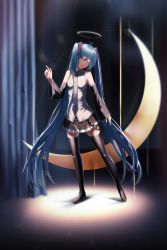 Rule 34 | 1girl, absurdly long hair, anniversary, aqua eyes, aqua hair, aqua nails, aqua necktie, artist name, artist request, bare shoulders, black footwear, black skirt, black sleeves, black thighhighs, blue eyes, blue hair, blue necktie, boots, breasts, collarbone, collared shirt, crescent moon, curtains, detached sleeves, closed eyes, female focus, frilled shirt collar, frills, full body, hair between eyes, hair ornament, halo, hatsune miku, highres, index finger raised, indoors, long hair, looking at viewer, miniskirt, moon, nail polish, necktie, parted lips, pleated skirt, rever, shirt, skirt, sleeveless, sleeveless shirt, sleeves past wrists, small breasts, smile, solo, stage, stage lights, thigh boots, thighhighs, tie clip, twintails, very long hair, vocaloid, white shirt, wide sleeves, wing collar, zettai ryouiki