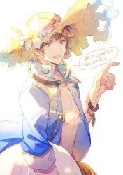 Rule 34 | 1boy, a082, blue jacket, bracelet, brown eyes, brown hair, flower, gran (granblue fantasy), gran (summer) (granblue fantasy), granblue fantasy, hand up, hat, hat flower, hat ornament, jacket, jewelry, looking at viewer, male focus, open clothes, open mouth, simple background, standing, straw hat, sun hat