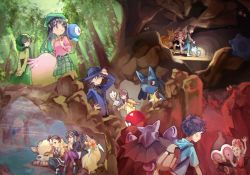 Rule 34 | 3boys, 4girls, :d, arcanine, arm up, backpack, bag, belt, black belt, black dress, black footwear, black hair, black legwear, black shirt, blue headwear, blue jacket, boots, braid, bronzor, brown bag, buck (pokemon), cave interior, chansey, cheryl (pokemon), claydol, closed eyes, collared shirt, commentary request, creatures (company), dawn (pokemon), day, dress, forest, game freak, gen 1 pokemon, gen 2 pokemon, gen 3 pokemon, gen 4 pokemon, gliscor, golbat, green hair, green headwear, green jacket, green skirt, hair between eyes, hair ornament, hair over shoulder, hairclip, hat, holding strap, huan li, jacket, kadabra, long hair, long sleeves, lucario, lucas (pokemon), magcargo, marley (pokemon), mira (pokemon), multiple boys, multiple girls, nature, nintendo, open mouth, outdoors, pachirisu, pantyhose, pink hair, pink sweater, piplup, plaid, plaid skirt, poke ball, poke ball (basic), pokemon, pokemon (creature), pokemon bdsp, ponytail, red hair, riley (pokemon), rotom, rotom (normal), shirt, shoes, short dress, short hair, shorts, single braid, sitting, skirt, smile, spiked hair, standing, sweater, togetic, tree, twintails
