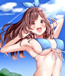 Rule 34 | 1girl, armpits, arms up, bikini, blue bikini, blue bow, blue sky, blush, bow, breasts, brown eyes, brown hair, cloud, day, front-tie bikini top, front-tie top, hair bow, hand in own hair, highres, idolmaster, idolmaster shiny colors, large breasts, long hair, mizukoshi (marumi), mountain, navel, open mouth, outdoors, parted bangs, skindentation, sky, smile, solo, sunlight, swimsuit, teeth, tsukioka kogane, upper body