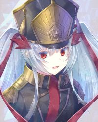 Rule 34 | 10s, 1girl, altair (re:creators), blush, long hair, looking at viewer, parted lips, re:creators, red eyes, silver hair, smile, solo, soukuu kizuna, upper body