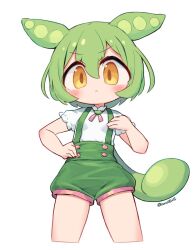 Rule 34 | 1girl, :&lt;, blush, buttons, closed mouth, commentary, cowboy shot, cropped legs, green hair, green shorts, green suspenders, hair between eyes, hand on own hip, hand up, highres, nanatsuta, orange eyes, puffy shorts, shirt, shorts, simple background, solo, twitter username, v-shaped eyebrows, voicevox, white background, white shirt, zundamon