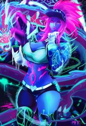 Rule 34 | 1girl, absurdres, akali, asymmetrical clothes, baseball cap, blowing kiss, bodypaint, breasts, cleavage, dragon, glowing, hat, heart, highres, hip focus, k/da (league of legends), k/da akali, league of legends, looking at viewer, mirai hikari, monster, one eye closed, paint, shorts, thick thighs, thighs, wide hips, wink