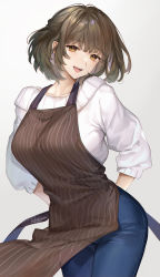 Rule 34 | 1girl, apron, blue pants, blush, breasts, brown apron, brown eyes, brown hair, denim, highres, jeans, kaguyuzu, large breasts, long sleeves, looking at viewer, open mouth, original, pants, short hair, smile, solo, sweater, white sweater