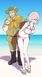 Rule 34 | 1boy, 1girl, arms behind back, bare shoulders, beach, bikini, black footwear, blonde hair, blue sky, blush, boots, breasts, brown shirt, brown shorts, cleavage, closed eyes, collarbone, facial hair, fat, fat man, fate/grand order, fate (series), glasses, goredolf musik, grin, hair over one eye, hat, highres, large breasts, light purple hair, mash kyrielight, mash kyrielight (swimsuit of perpetual summer ver.02), multicolored bikini, multicolored clothes, mustache, navel, ocean, official alternate costume, rainbow bikini, scarf, scout uniform, see-through, shirt, shore, short hair, short sleeves, shorts, sky, smile, striped bikini, striped clothes, swimsuit, v, wada arco, yellow scarf