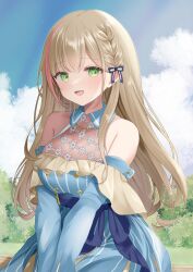 Rule 34 | 1girl, amano mano (vtuber), bare shoulders, blue bow, blue collar, blue dress, blue ribbon, bow, braid, breasts, bush, buttons, cleavage, cloud, collar, commission, dress, green eyes, hair bow, highres, indie virtual youtuber, jewelry, kurage cc, long hair, medium breasts, multicolored hair, necklace, off-shoulder dress, off shoulder, open mouth, pink hair, ribbon, see-through, see-through cleavage, skeb commission, sky, solo, streaked hair, striped clothes, striped dress, vertical-striped clothes, vertical-striped dress, virtual youtuber