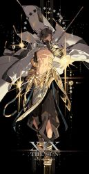 Rule 34 | 1boy, ahoge, armor, brown hair, cape, character name, commentary, dark-skinned male, dark skin, earrings, egyptian clothes, english commentary, fate/grand order, fate/prototype, fate/prototype: fragments of blue and silver, fate (series), full body, gloves, hair between eyes, hexagram, jewelry, looking at viewer, male focus, ozymandias (fate), shiny clothes, short hair, solo, sparkle, star (symbol), star of david, starshadowmagician, tarot, tarot (medium), text background, the sun (tarot), toned, toned male, white cape, yellow eyes