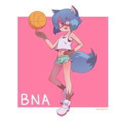 Rule 34 | 1girl, :d, animal ears, animal nose, artist name, ball, basketball, basketball (object), black hair, blue eyes, blue hair, body fur, brand new animal, brown fur, copyright name, dolphin shorts, fang, fingernails, full body, furry, furry female, hand on own hip, highres, holding, holding ball, kagemori michiru, looking at viewer, midriff, multicolored eyes, multicolored hair, navel, open mouth, orenji (wholesomeorenji), pink background, pink eyes, raccoon ears, raccoon girl, raccoon tail, sharp fingernails, shirt, shoes, short hair, shorts, smile, sneakers, solo, standing, tail, tank top, tanuki, two-tone background, two-tone hair, white background, white shirt