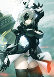 Rule 34 | 1girl, arm up, bad id, bad pixiv id, black dress, black footwear, black hairband, black ribbon, black thighhighs, blindfold, boots, breasts, broadsword, brown thighhighs, chain, cleavage, cleavage cutout, clothing cutout, covered eyes, cowboy shot, dress, feather-trimmed sleeves, feather trim, greatsword, groin, hair over eyes, hairband, highleg, highleg leotard, holding, holding sword, holding weapon, huge weapon, juliet sleeves, katana, large breasts, legs apart, leotard, long sleeves, medium breasts, nier:automata, nier (series), no mole, outdoors, parted lips, pink lips, puffy sleeves, ribbed dress, ribbon, short dress, short hair, side slit, silver hair, solo, standing, sword, teeth, thigh boots, thighhighs, vambraces, weapon, weapon on back, white leotard, wind, wind lift, 2b (nier:automata), zollo