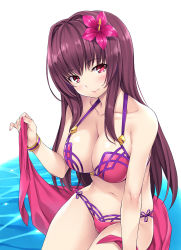 Rule 34 | 1girl, adapted costume, bad id, bad twitter id, bare shoulders, bikini, blue sky, bracelet, breasts, bridal garter, brown hair, cleavage, closed mouth, cloud, cloudy sky, collarbone, cowboy shot, day, eyebrows, fate/grand order, fate (series), fingernails, flower, gae bolg (fate), hair flower, hair ornament, hand to head, hand up, head tilt, hibiscus, highres, jewelry, kneeling, large breasts, legs together, long fingernails, long hair, looking at viewer, looking away, mizuhara yuu, navel, ocean, open mouth, outdoors, partially submerged, planted, planted sword, planted weapon, polearm, purple bikini, red eyes, ripples, sarong, scathach (fate), scathach (fate/grand order), scathach (swimsuit assassin) (fate), side-tie bikini bottom, sidelocks, sky, smile, solo, spear, stomach, string bikini, swimsuit, sword, underboob, wading, water, weapon, white background