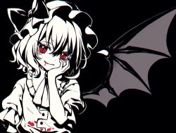 Rule 34 | 1girl, bat wings, black background, black nails, blood, blood from mouth, blood on clothes, bow, brooch, commentary request, diamond-shaped pupils, diamond (shape), fang, fang out, hand on own cheek, hand on own face, hand up, hat, hat bow, high contrast, highres, jewelry, kyouda suzuka, looking at viewer, mob cap, monochrome, nail polish, red eyes, remilia scarlet, shirt, short hair, short sleeves, simple background, smile, solo, spot color, symbol-shaped pupils, touhou, upper body, wings