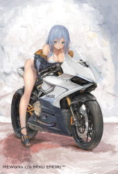 Rule 34 | 1girl, bare legs, bare shoulders, bent over, bikini, black jacket, blue eyes, blue hair, breasts, cleavage, commentary request, ducati, emori miku, full body, hair ornament, highres, jacket, large breasts, liver city, long hair, long legs, long sleeves, looking at viewer, motor vehicle, motorcycle, nihoshi (bipedal s), off shoulder, sandals, smile, solo, straddling, string bikini, swimsuit, thighs, watermark, white bikini