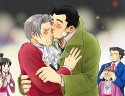 Rule 34 | 2boys, ace attorney, capcom, covering privates, covering face, covering own eyes, kiss, male focus, maya fey, miles edgeworth, multiple boys, pearl fey, phoenix wright, yaoi